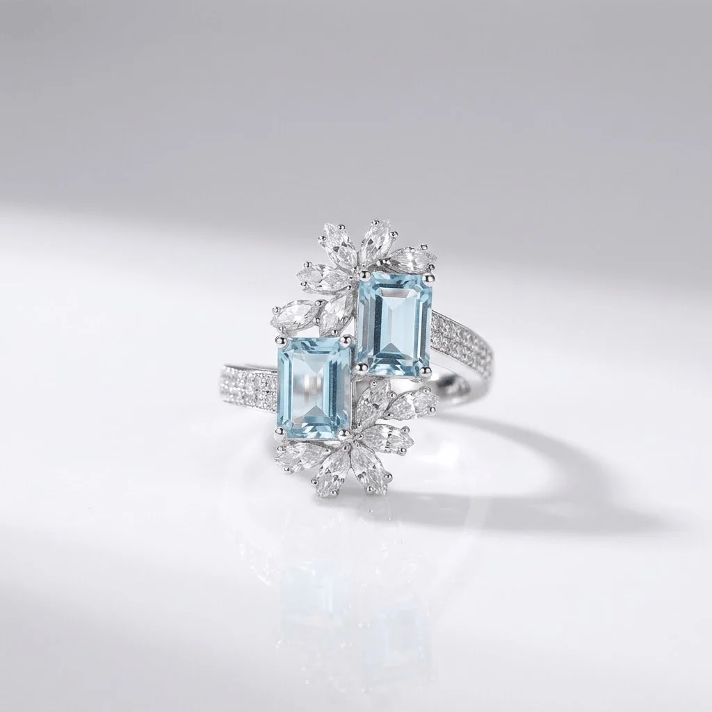 AQUAMARINE CRYSTAL SILVER RING - (ADJUSTABLE)