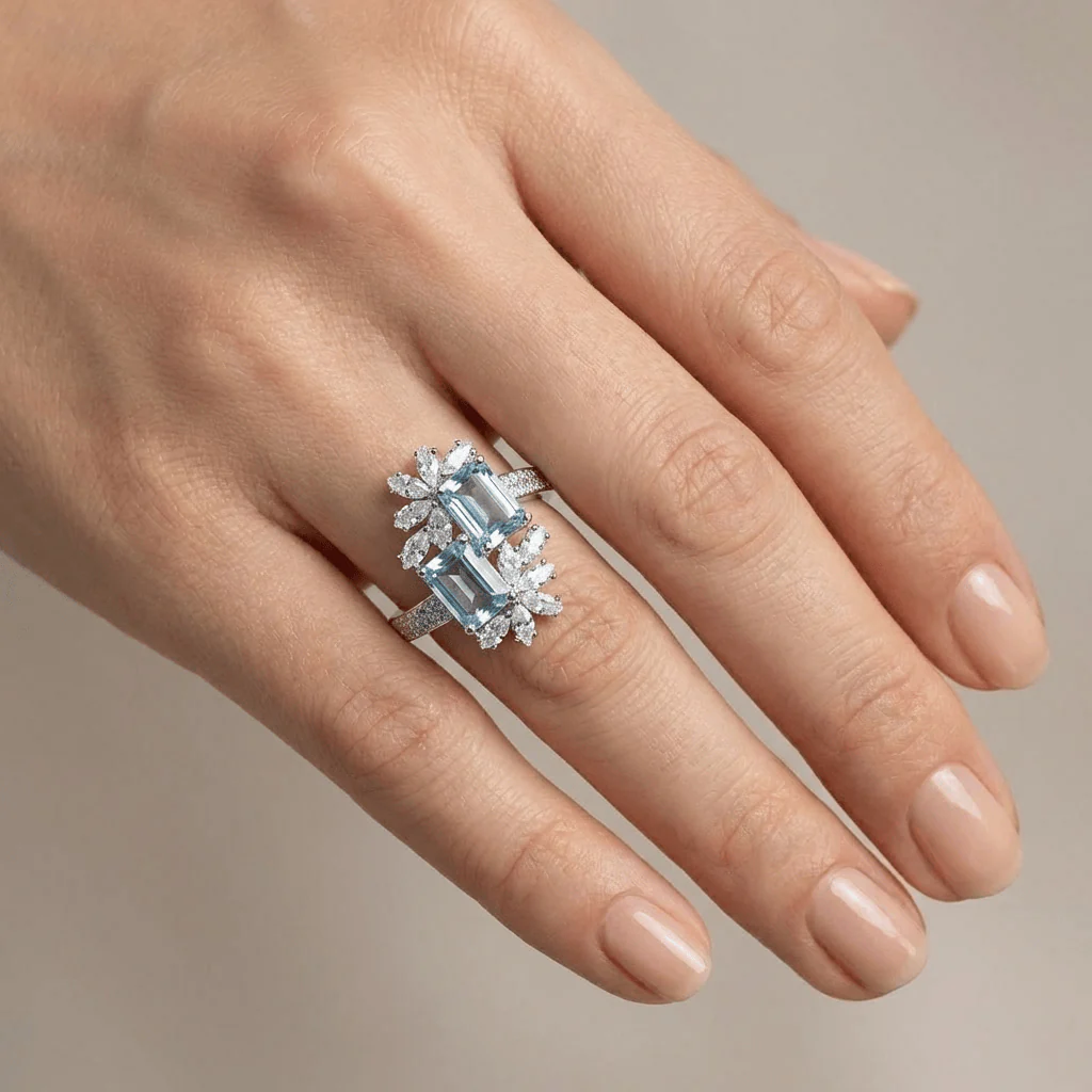 AQUAMARINE CRYSTAL SILVER RING - (ADJUSTABLE) - Image 2