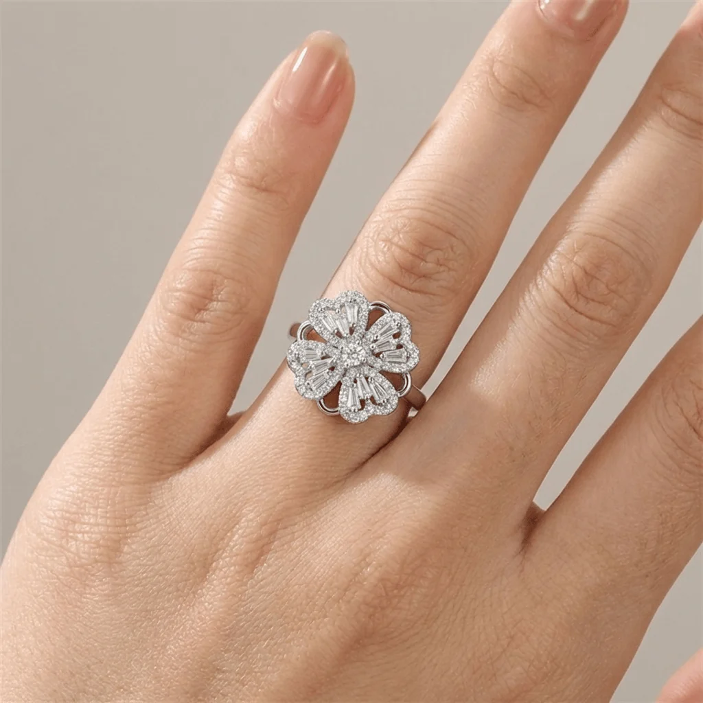 BAGUETTE ZIRCONIA ROTATING FLOWER RING - (ADJUSTABLE) - Image 4