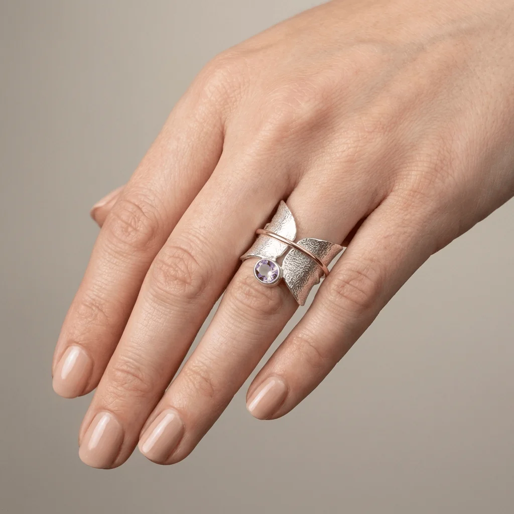 BUTTERFLY AMETHYST SILVER & GOLD RING - Image 2