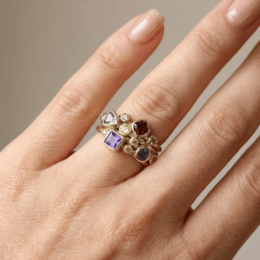 COLORFUL GEMSTONE GOLD STACKING RING SET - Image 2