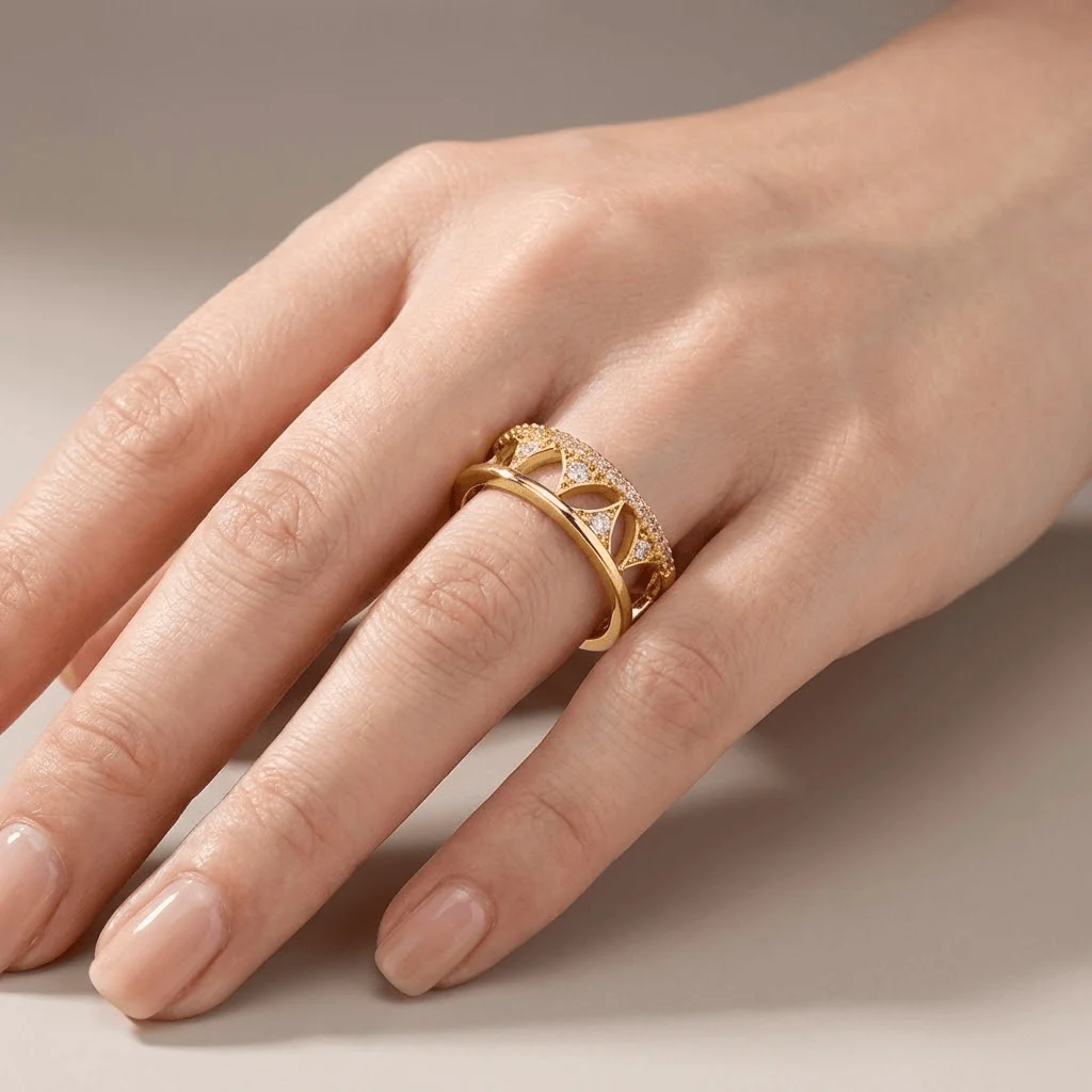 CRYSTAL CROWN GOLD BAND RING - (ADJUSTABLE) - Image 2