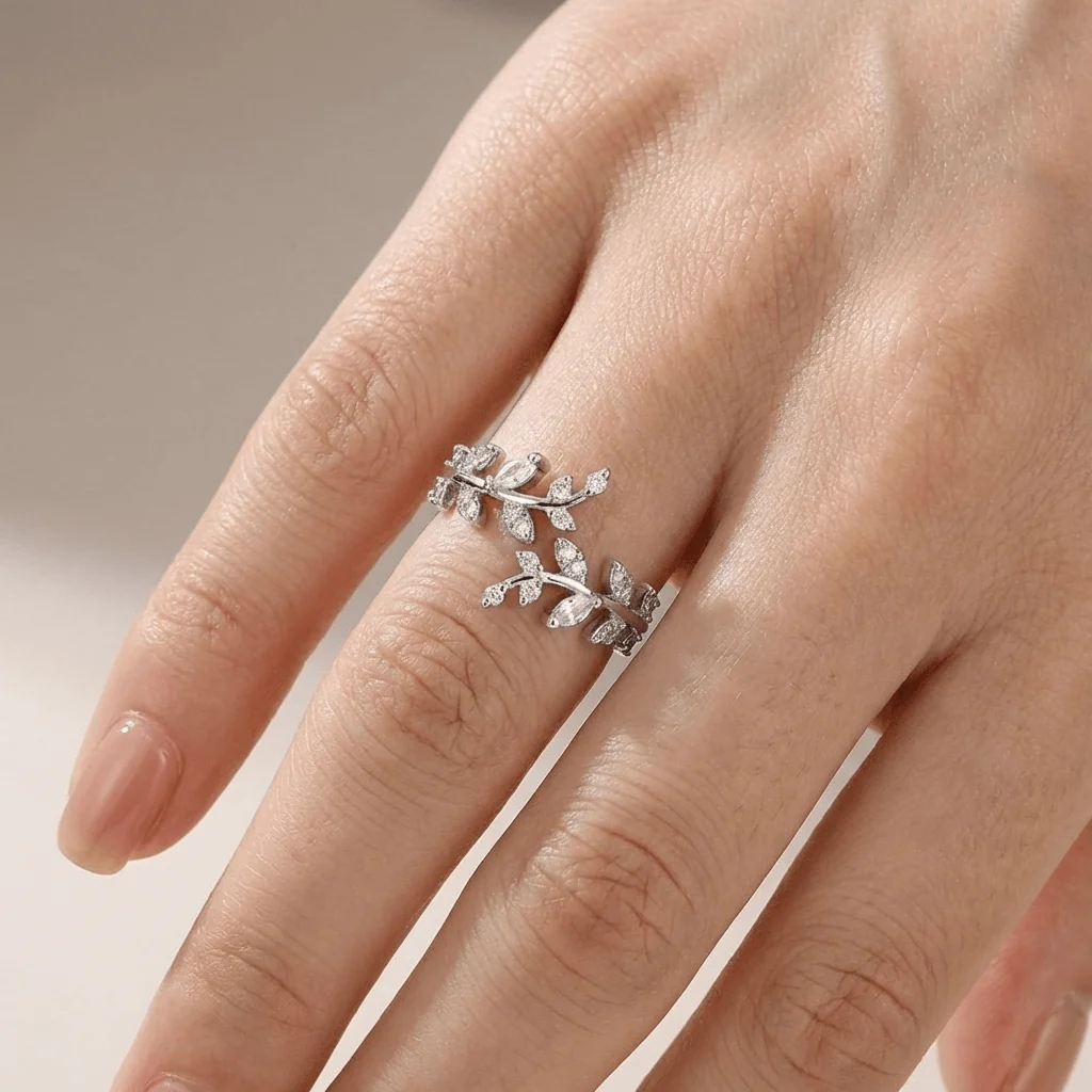 CRYSTAL LEAF VINE SILVER RING - (ADJUSTABLE) - Image 2