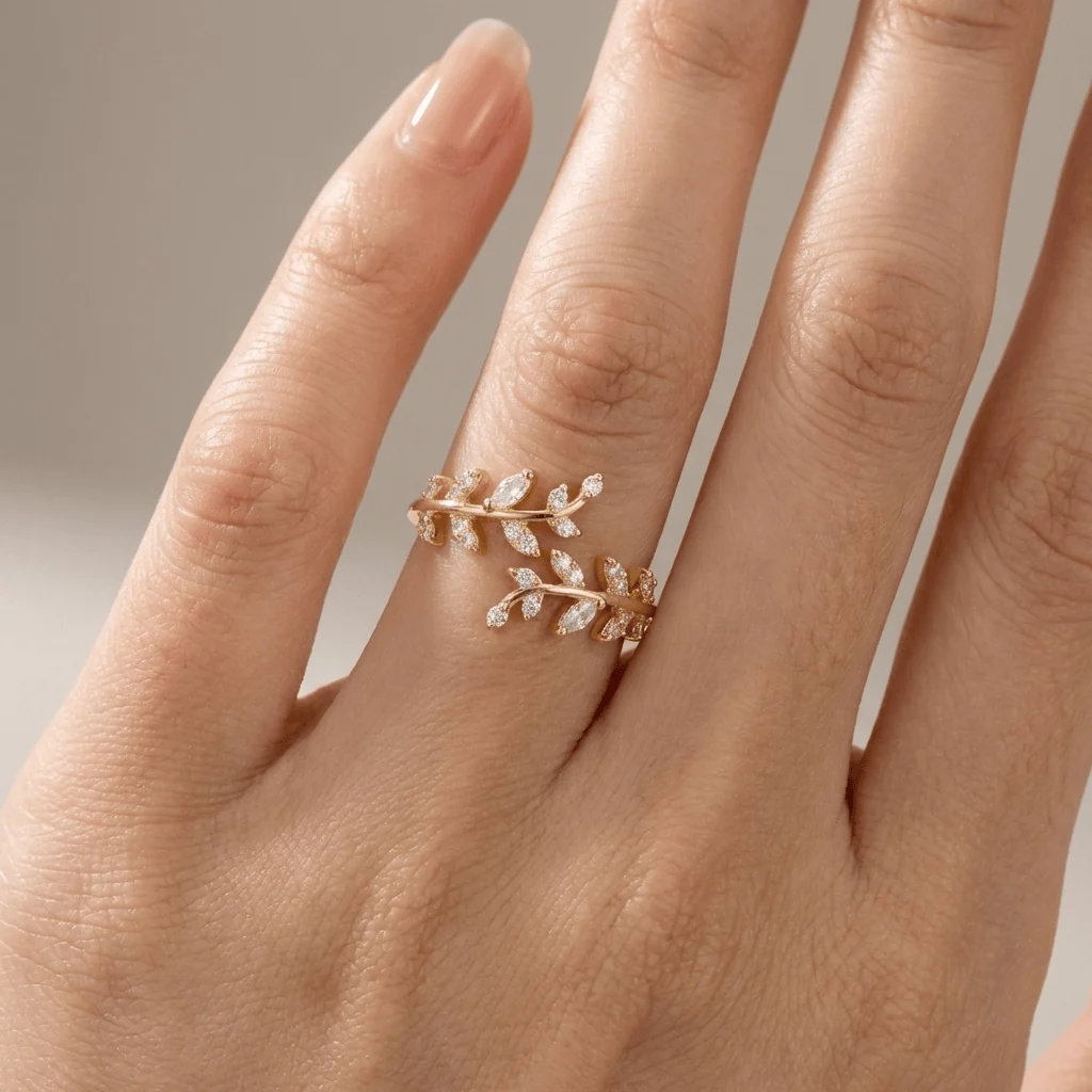 CRYSTAL LEAF VINE SILVER RING - (ADJUSTABLE) - Image 4