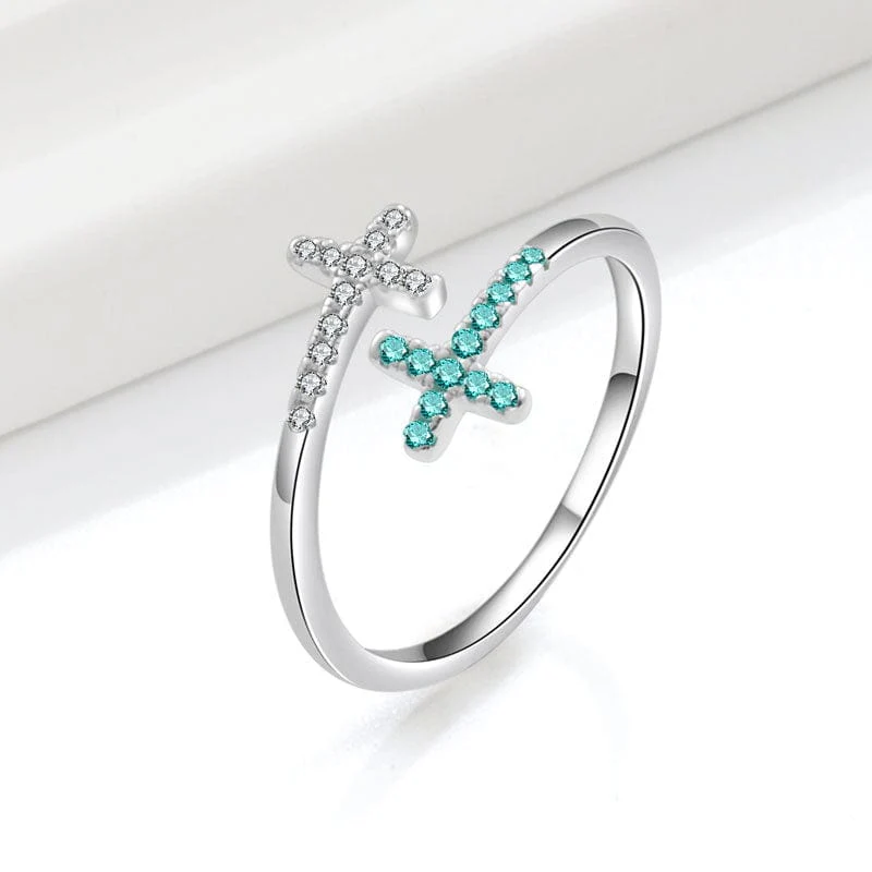 DOUBLE CROSS TURQUOISE & SILVER RING - (ADJUSTABLE)