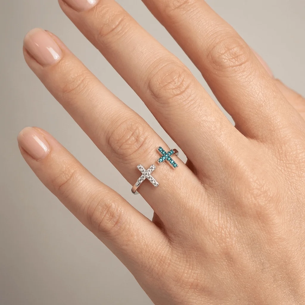 DOUBLE CROSS TURQUOISE & SILVER RING - (ADJUSTABLE) - Image 2