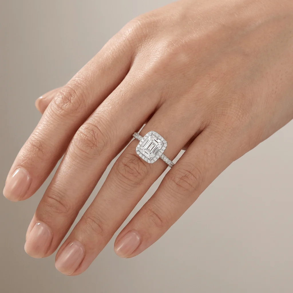 EMERALD CUT ZIRCONIA SILVER HALO RING - Image 2