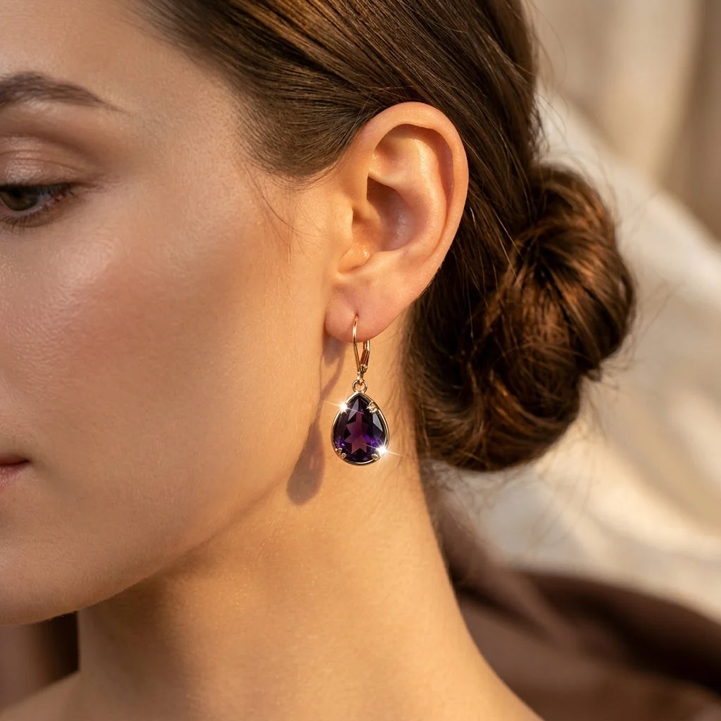 Gold Amethyst Teardrop Earrings - Image 2