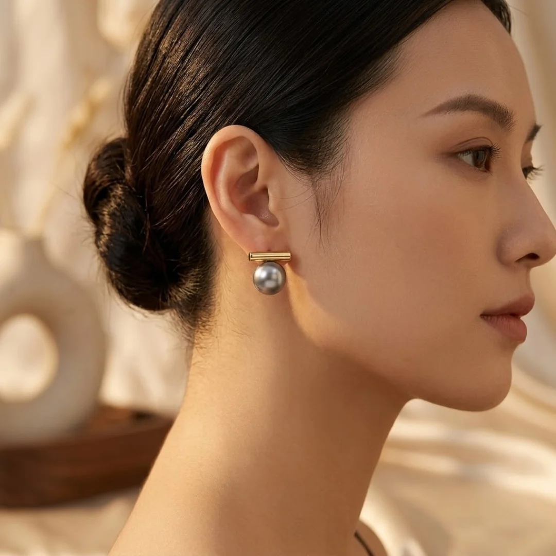 Gold Bar Pearl Stud Earrings - Image 2