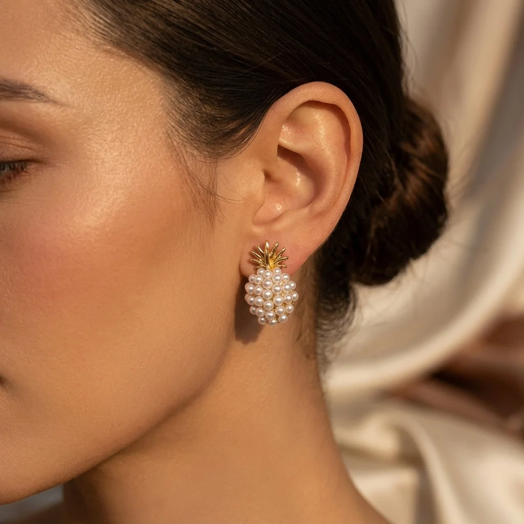 Gold Cluster Pearl Stud Earrings - Image 2