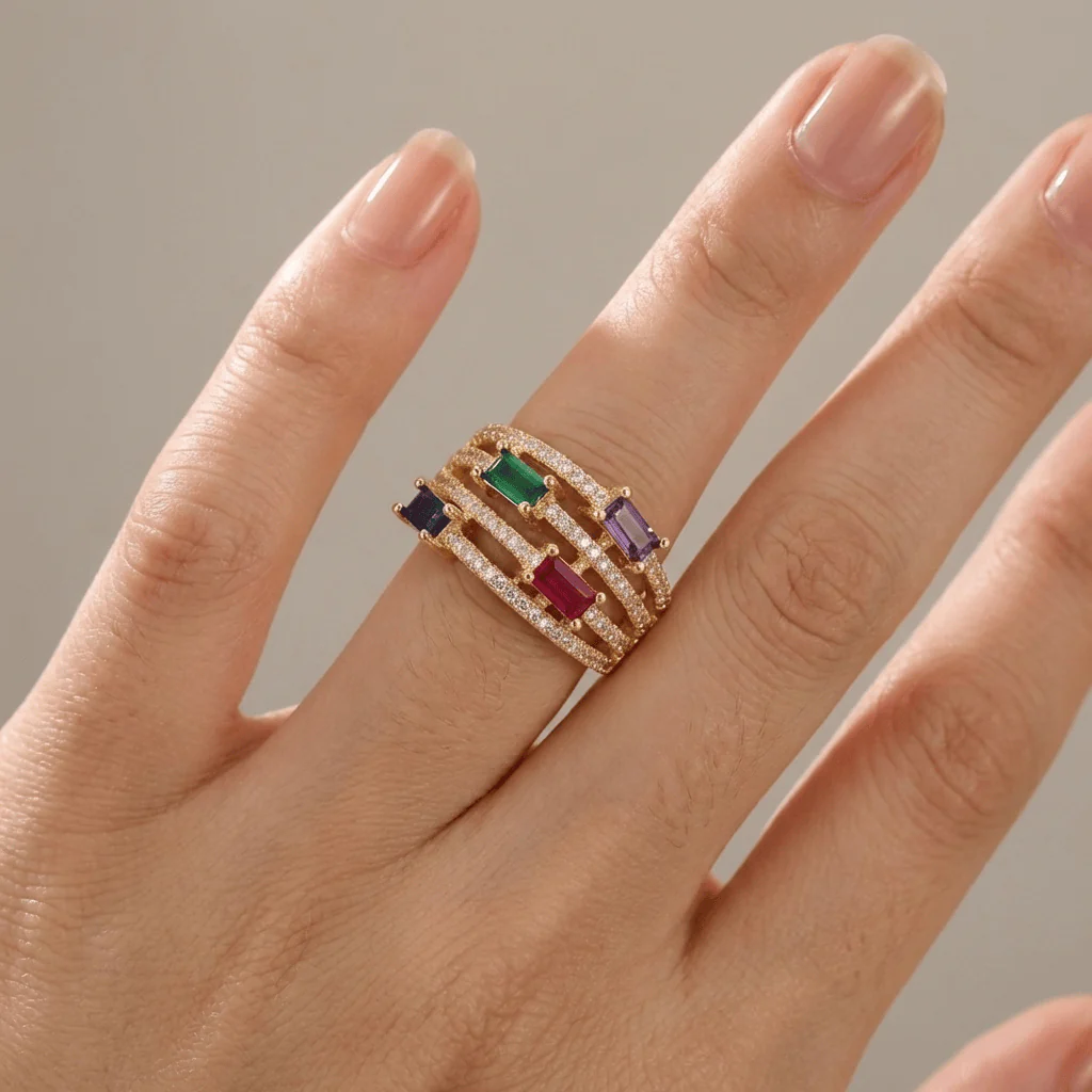 GOLD COLORFUL GEMSTONE RING - (ADJUSTABLE) - Image 2
