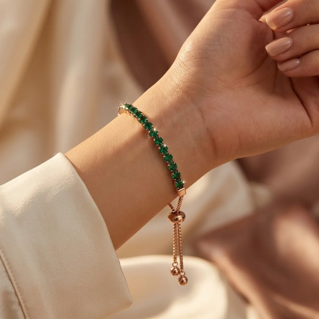 Gold Emerald Adjustable Tennis Bracelet - Image 2
