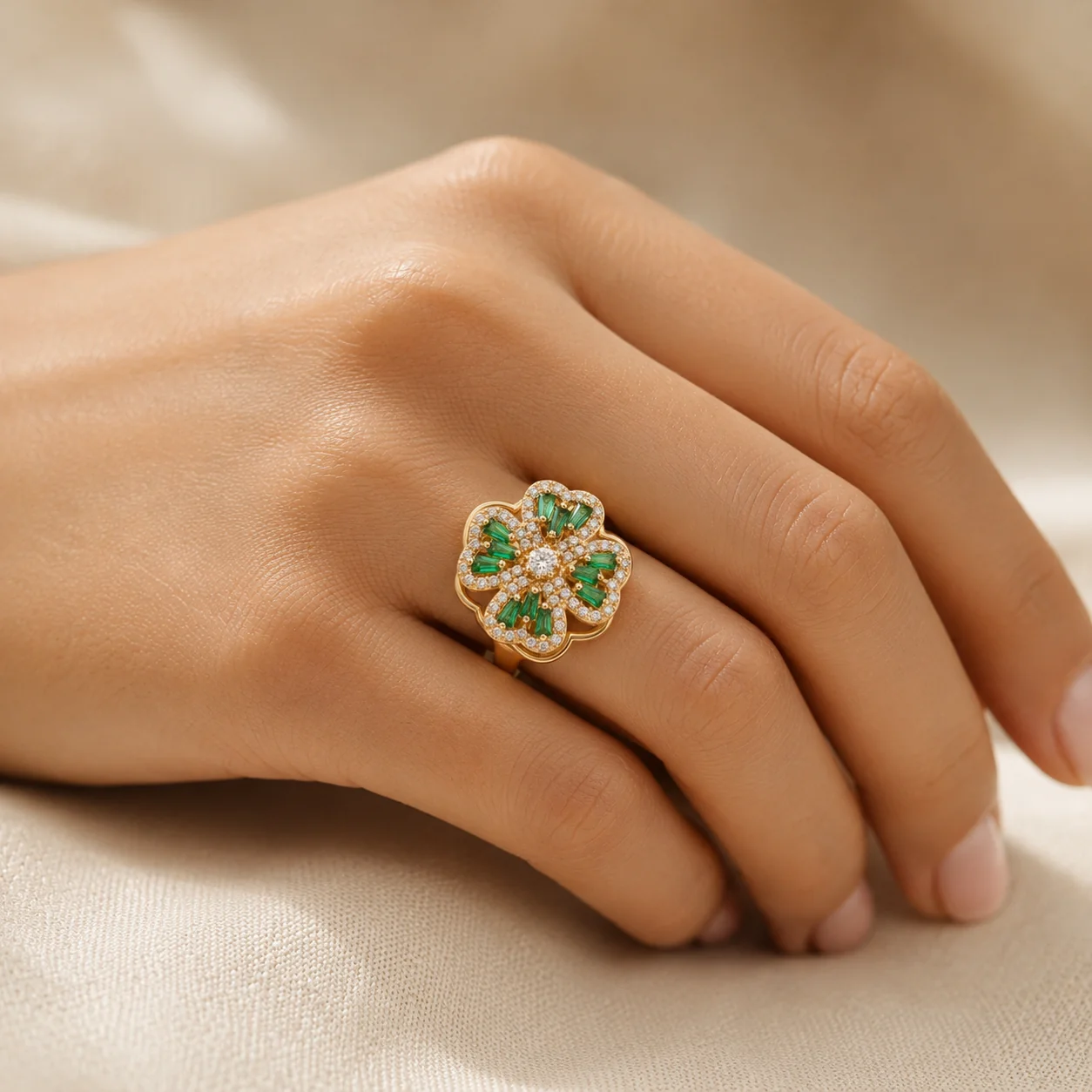 Gold Emerald Floral Ring - Image 2