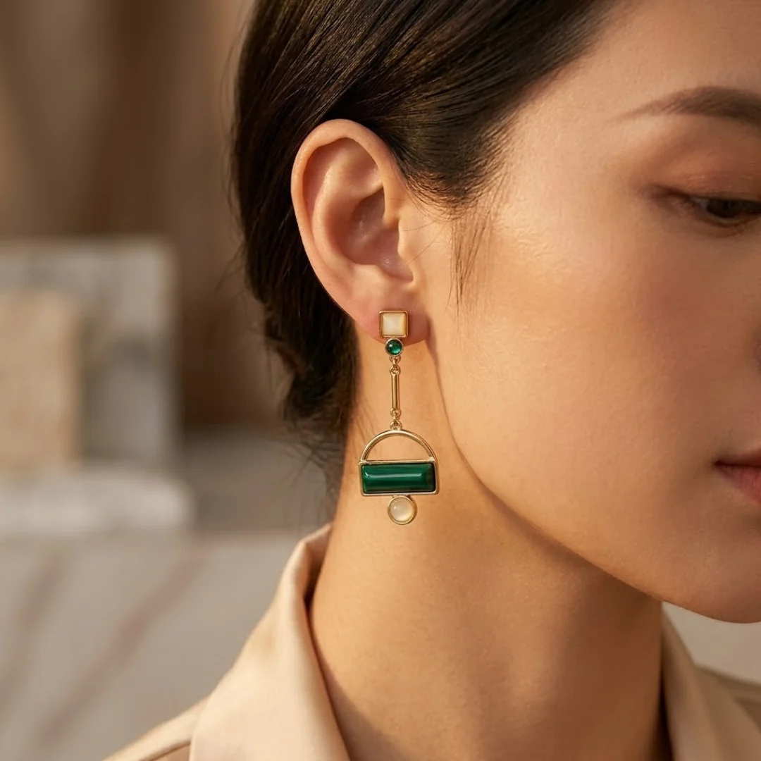 Gold Emerald Geometric Drop Earrings - Image 2