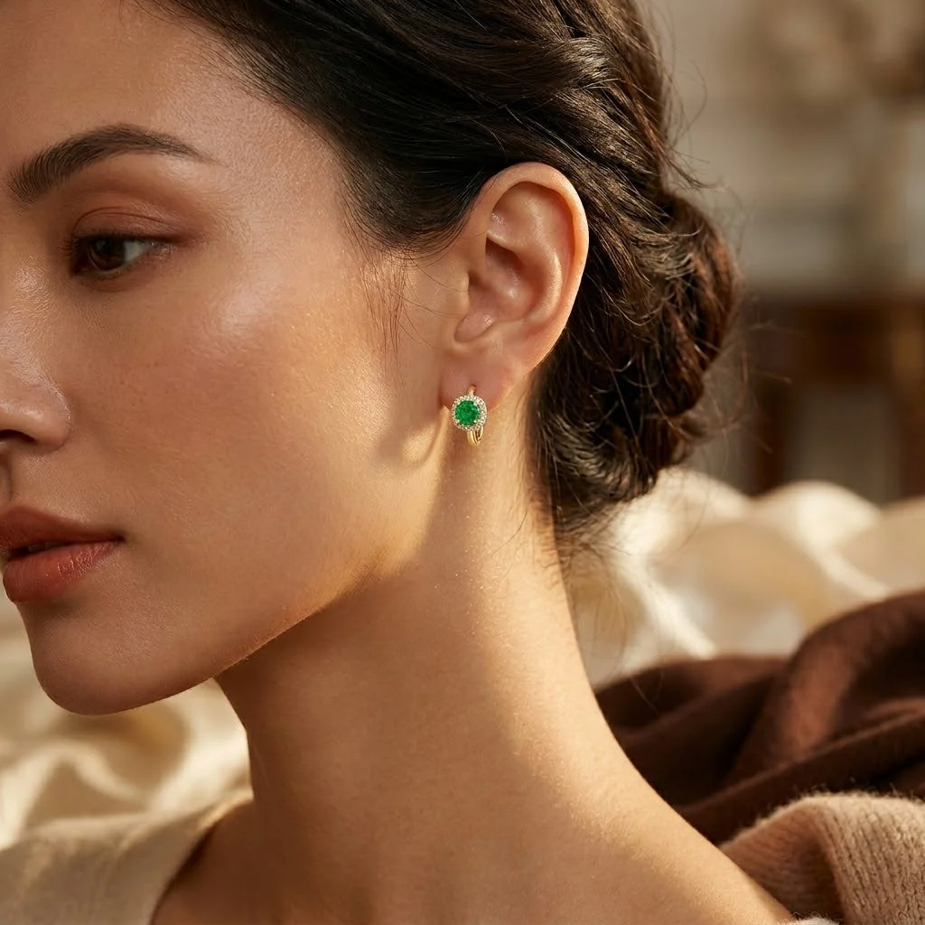 Gold Emerald Halo Hoop Earrings - Image 2