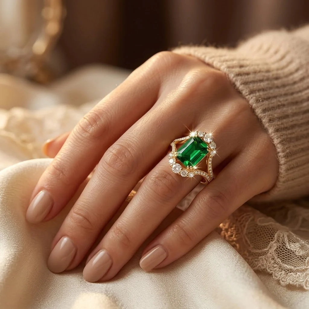 Gold Emerald Halo Ring - Image 2