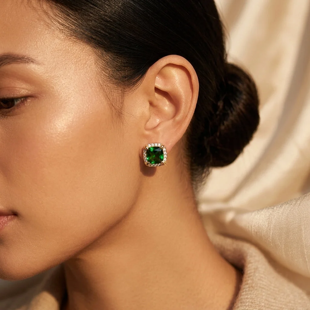 Gold Emerald Halo Stud Earrings - Image 2