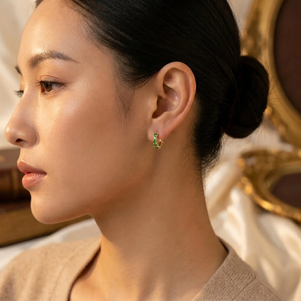 Gold Emerald Lattice Hoop Earrings - Image 2