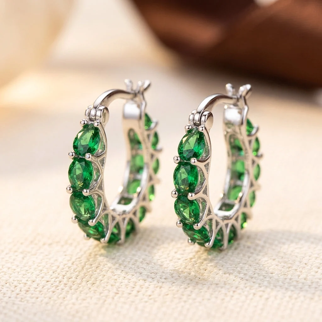 Gold Emerald Lattice Hoop Earrings - Image 3