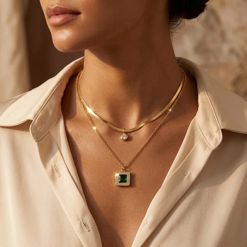 Gold Emerald Layered Necklace - Image 2
