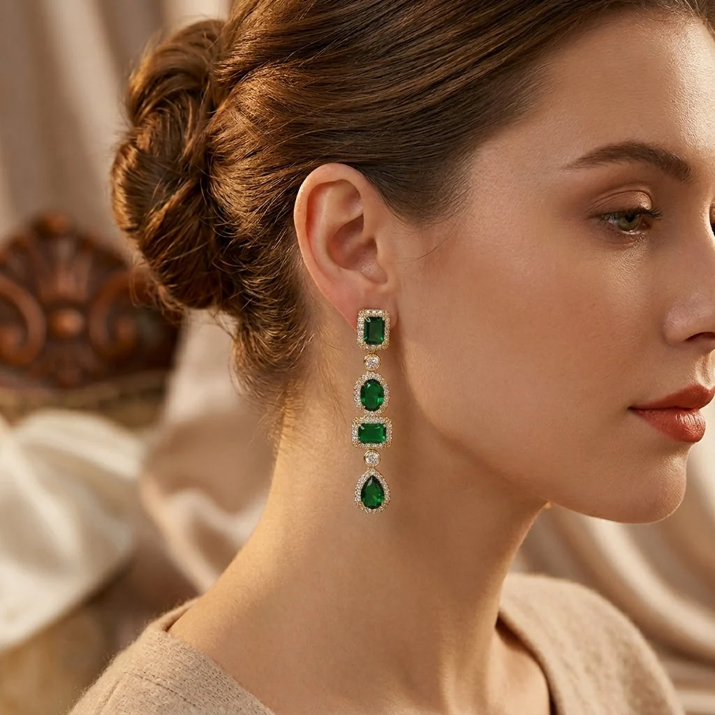 Gold Emerald Multi-Shape Drop Earrings - Image 2