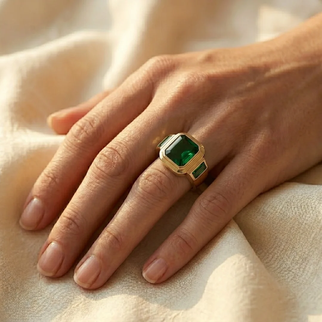 Gold Emerald Signet Ring - Image 2