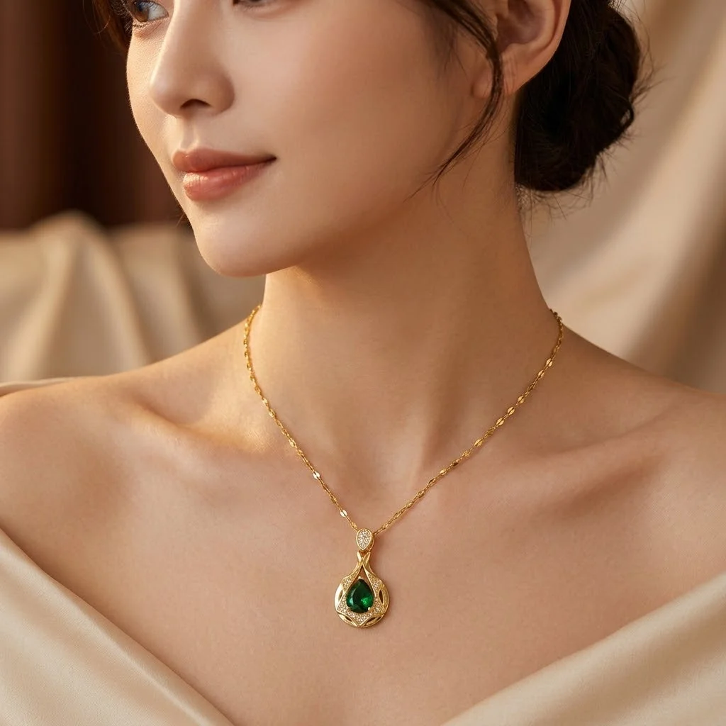 Gold Emerald Teardrop Pendant Necklace - Image 3