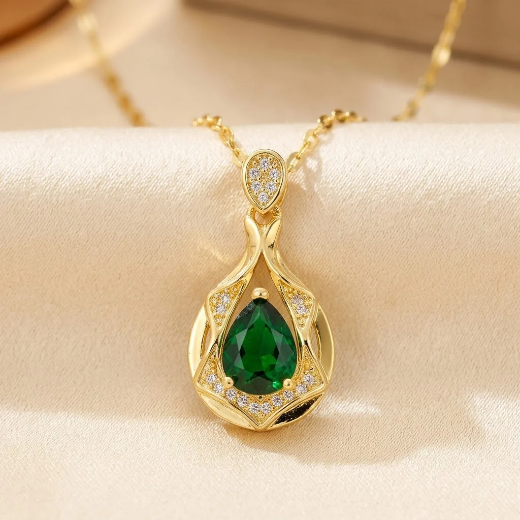 Gold Emerald Teardrop Pendant Necklace - Image 4