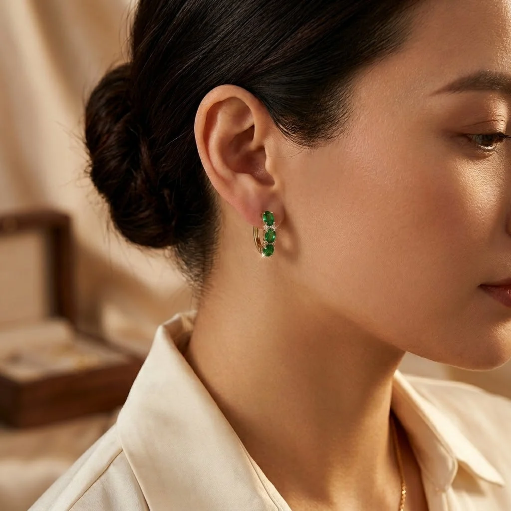 Gold Emerald Vertical Hoop Earrings - Image 2