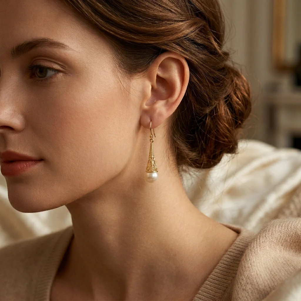Gold Filigree Pearl Drop Earrings - Image 2