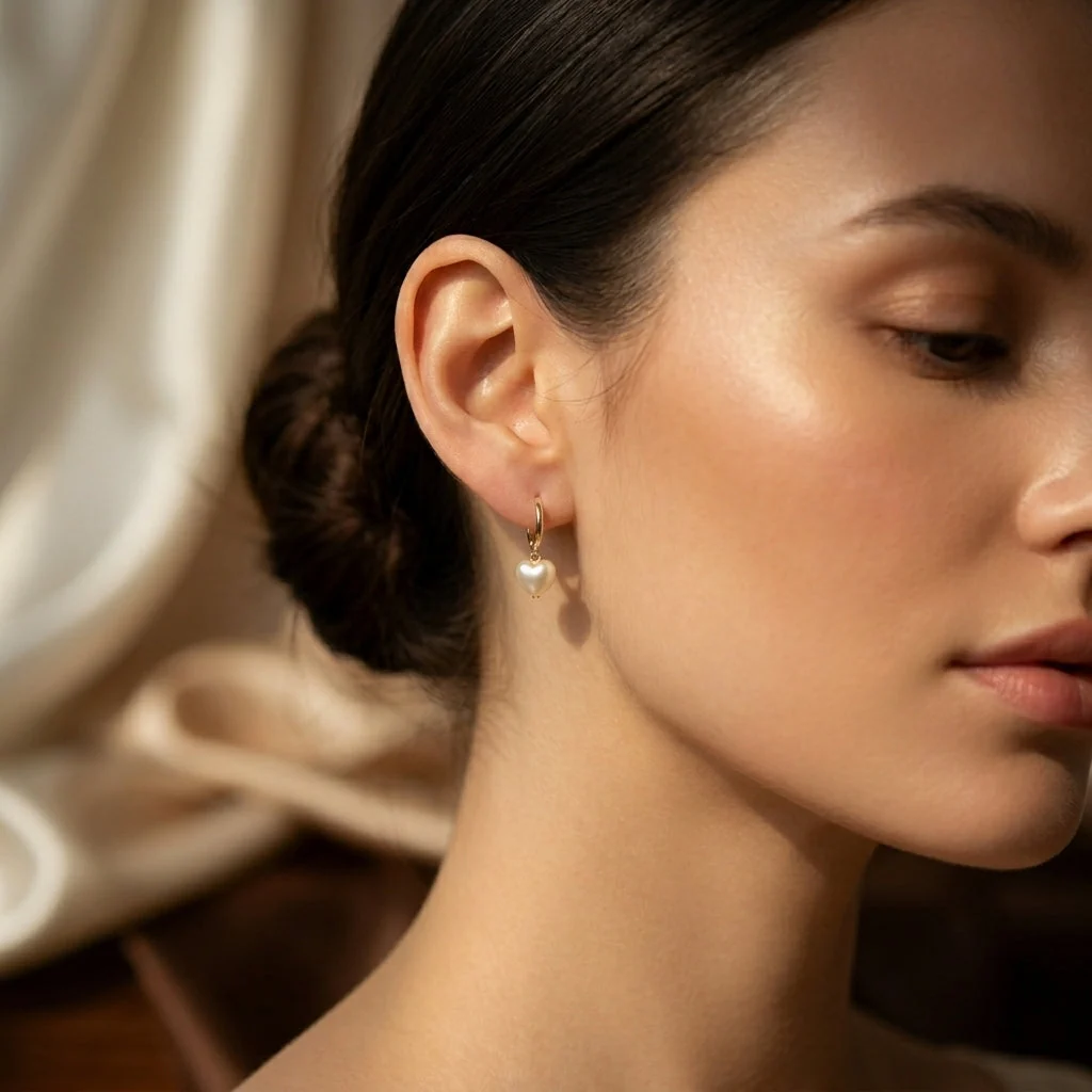 Gold Heart Pearl Drop Earrings - Image 2