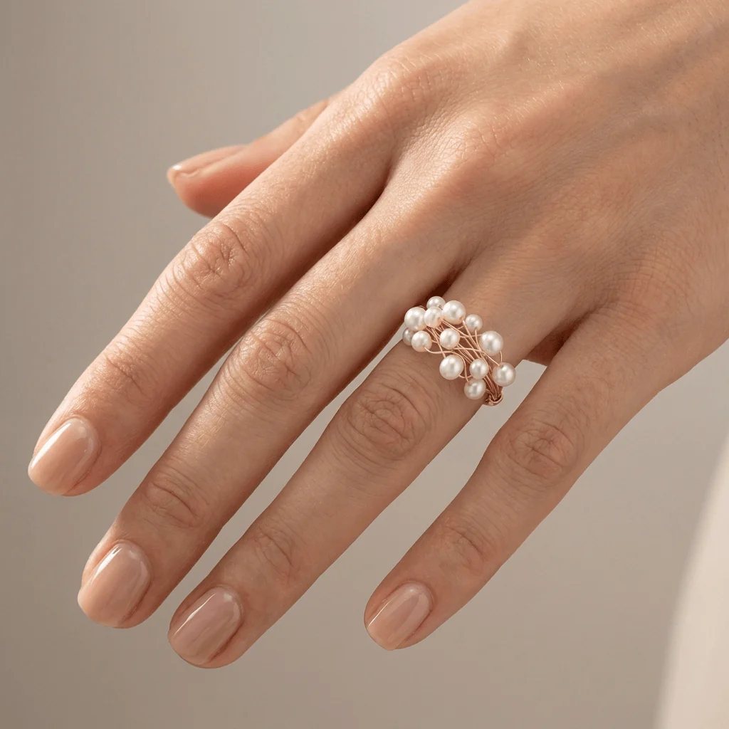 GOLD PEARL CLUSTER BANGLE RING - (ADJUSTABLE) - Image 2