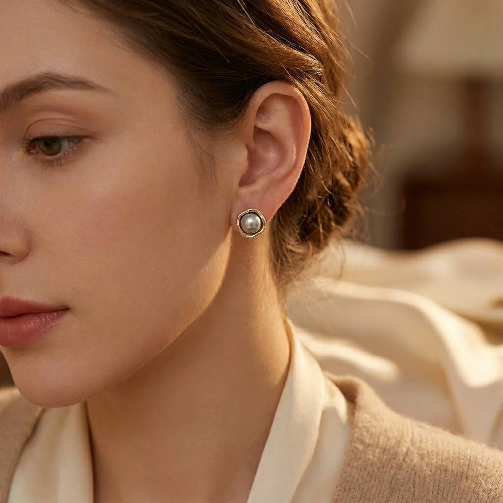 Gold Pearl Stud Earrings - Image 2