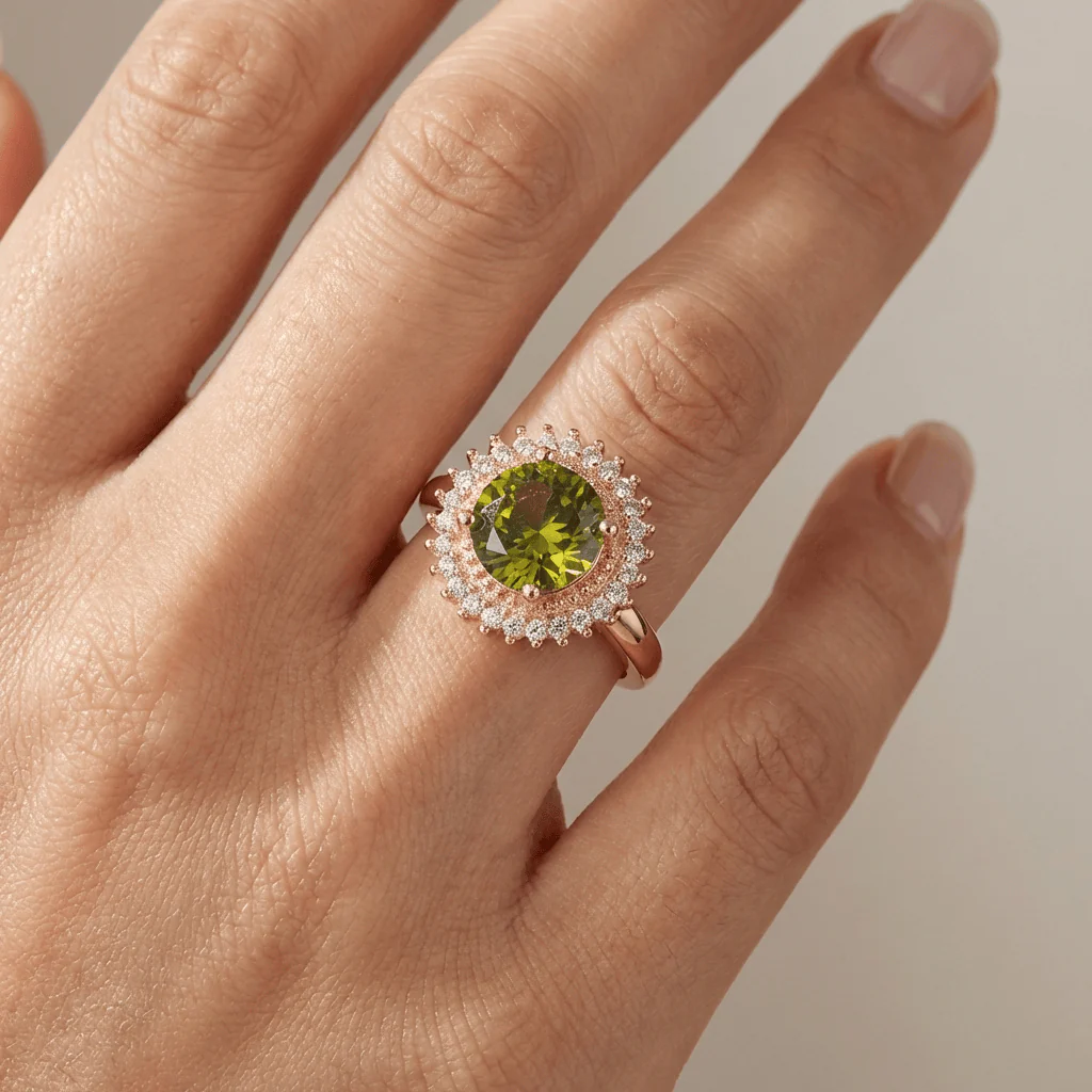 GOLD PERIDOT DIAMOND HALO RING - Image 2