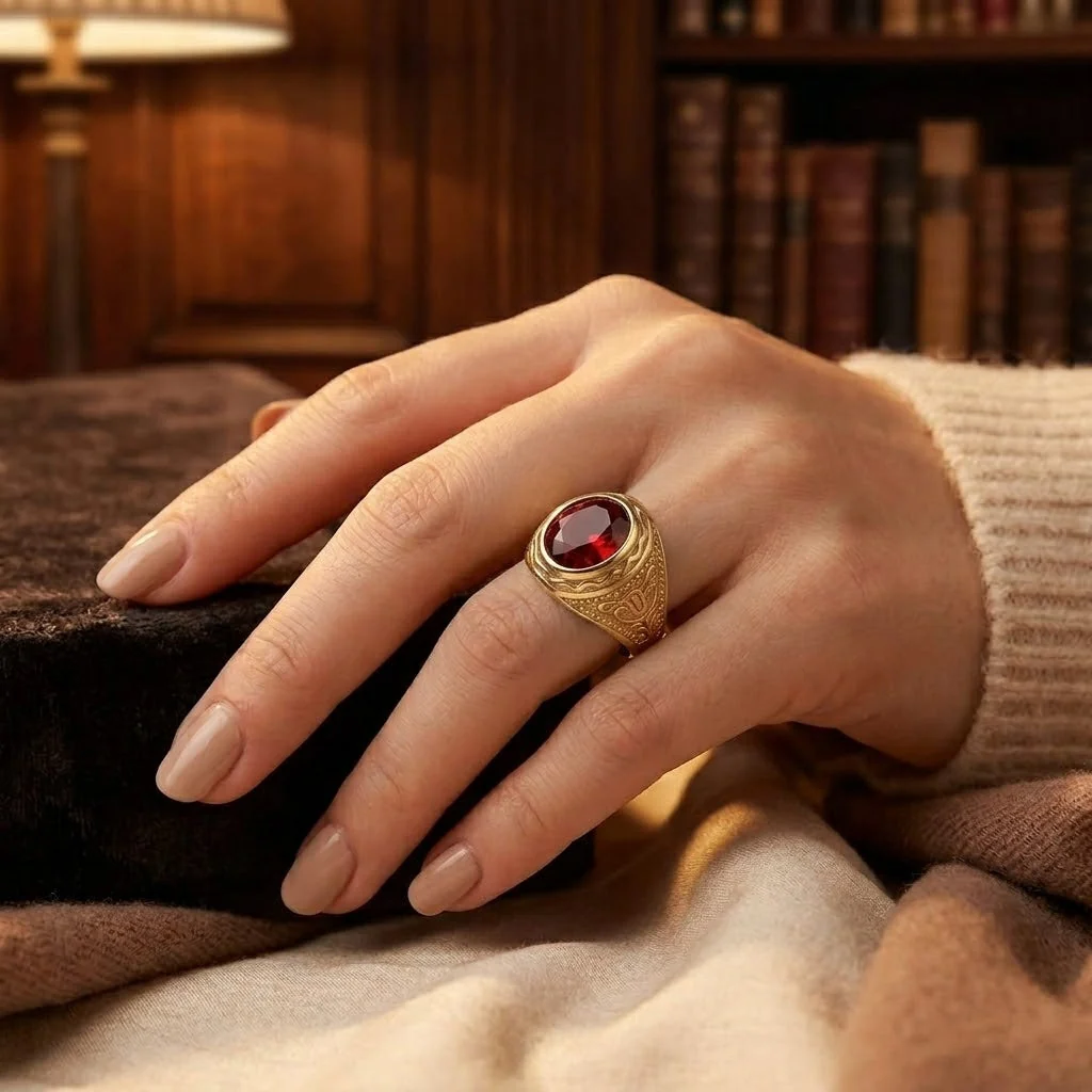 Gold Ruby Engraved Ring - Image 2