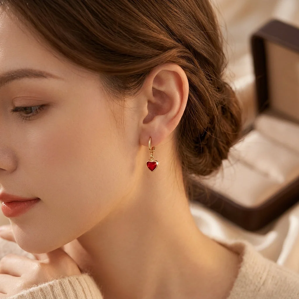 Gold Ruby Heart Drop Earrings - Image 2