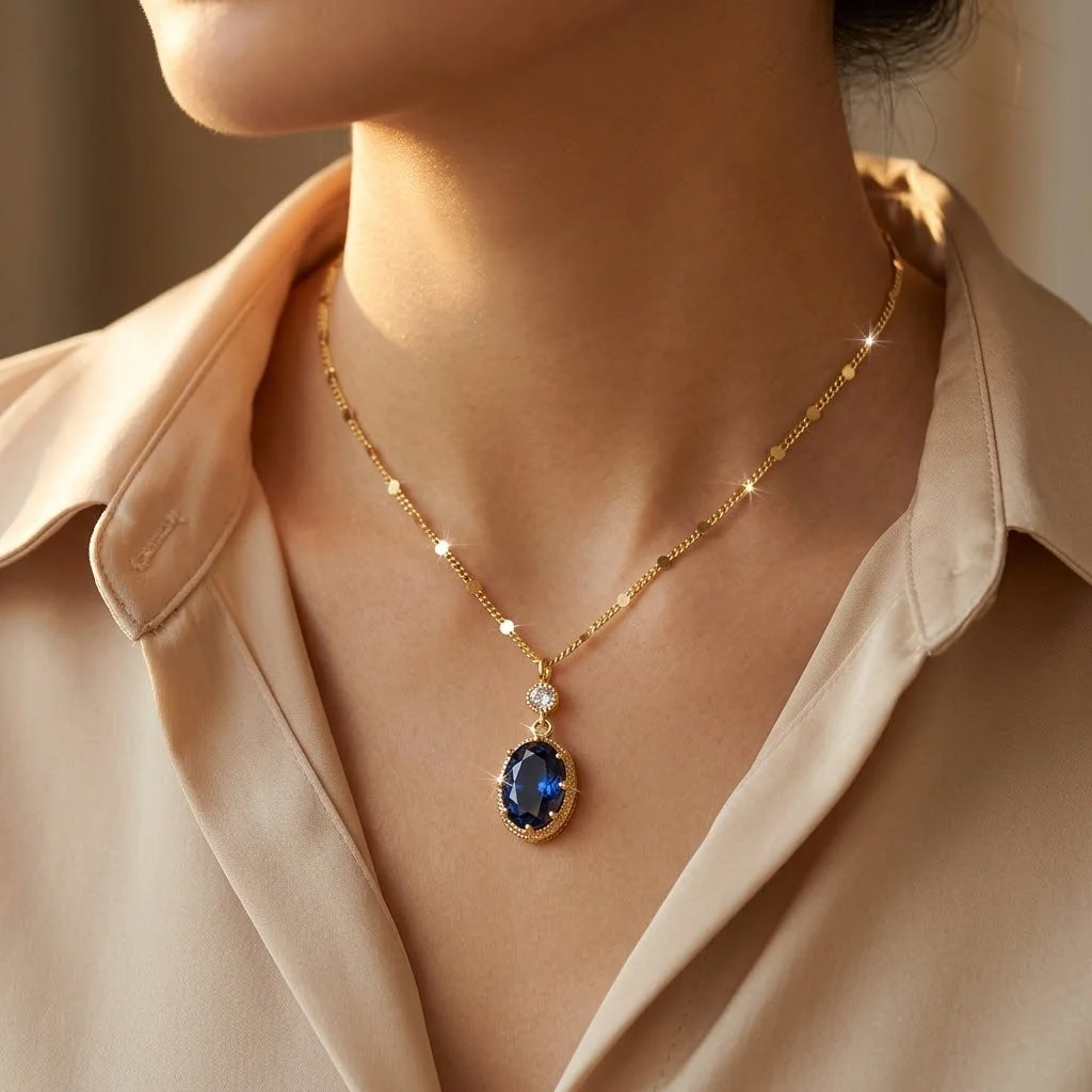 Gold Sapphire Oval Drop Necklace - Image 2