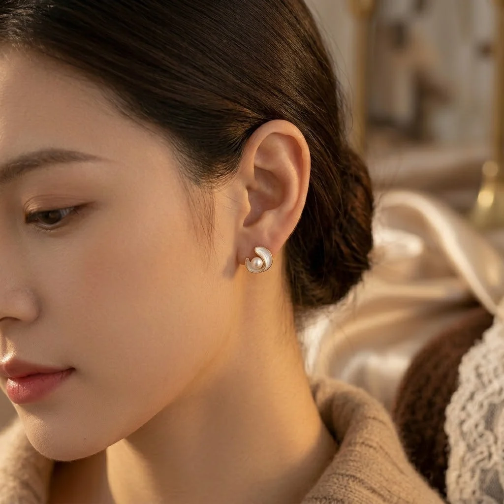Gold Swirl Pearl Stud Earrings - Image 2