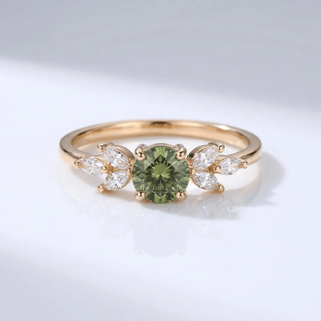 GREEN PERIDOT GOLD DAINTY LEAF RING