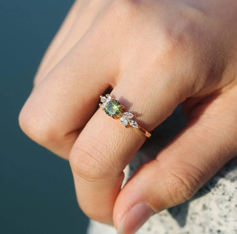 GREEN PERIDOT GOLD DAINTY LEAF RING - Image 2
