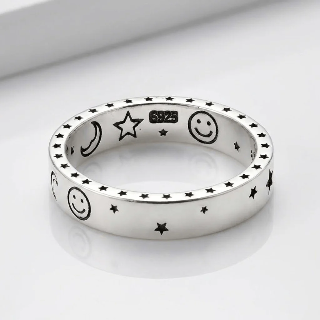 HAPPY MOON & STARS SILVER BAND RING - (ADJUSTABLE)