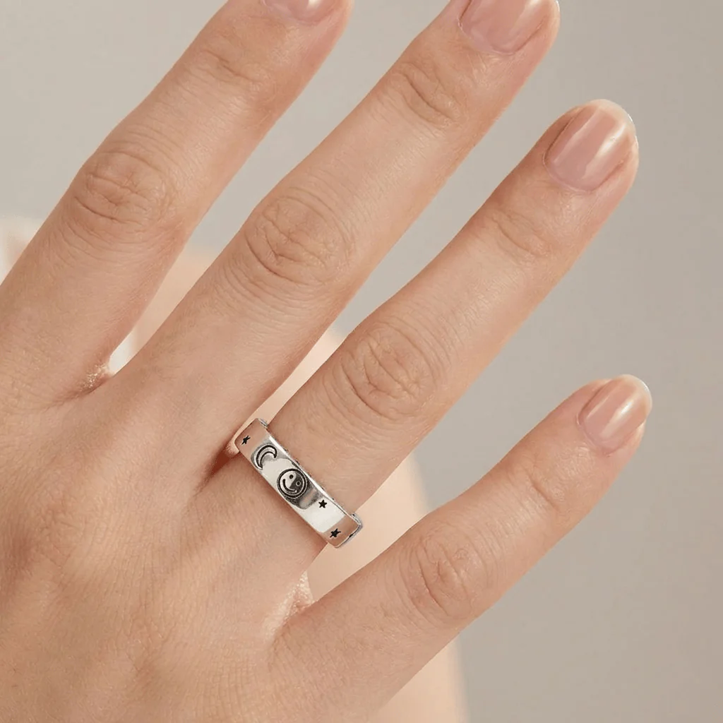 HAPPY MOON & STARS SILVER BAND RING - (ADJUSTABLE) - Image 2