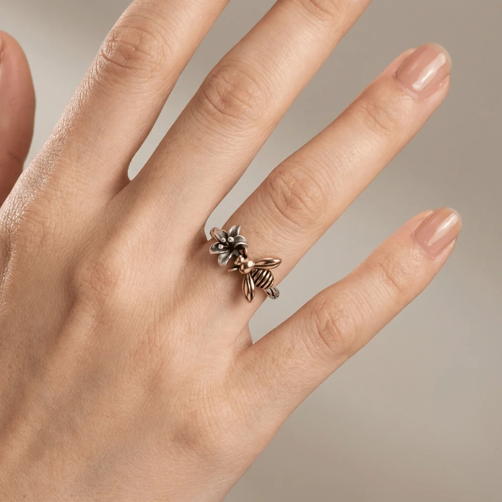 HONEY BEE & FLOWER SILVER RING - (ADJUSTABLE) - Image 2