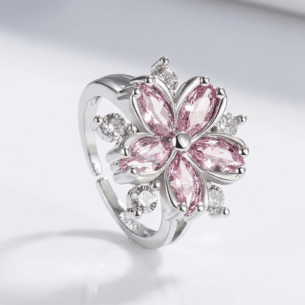 PINK CHERRY BLOSSOM CRYSTAL SILVER RING - (ADJUSTABLE)