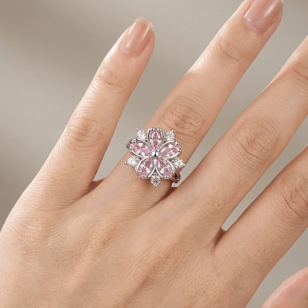 PINK CHERRY BLOSSOM CRYSTAL SILVER RING - (ADJUSTABLE) - Image 2
