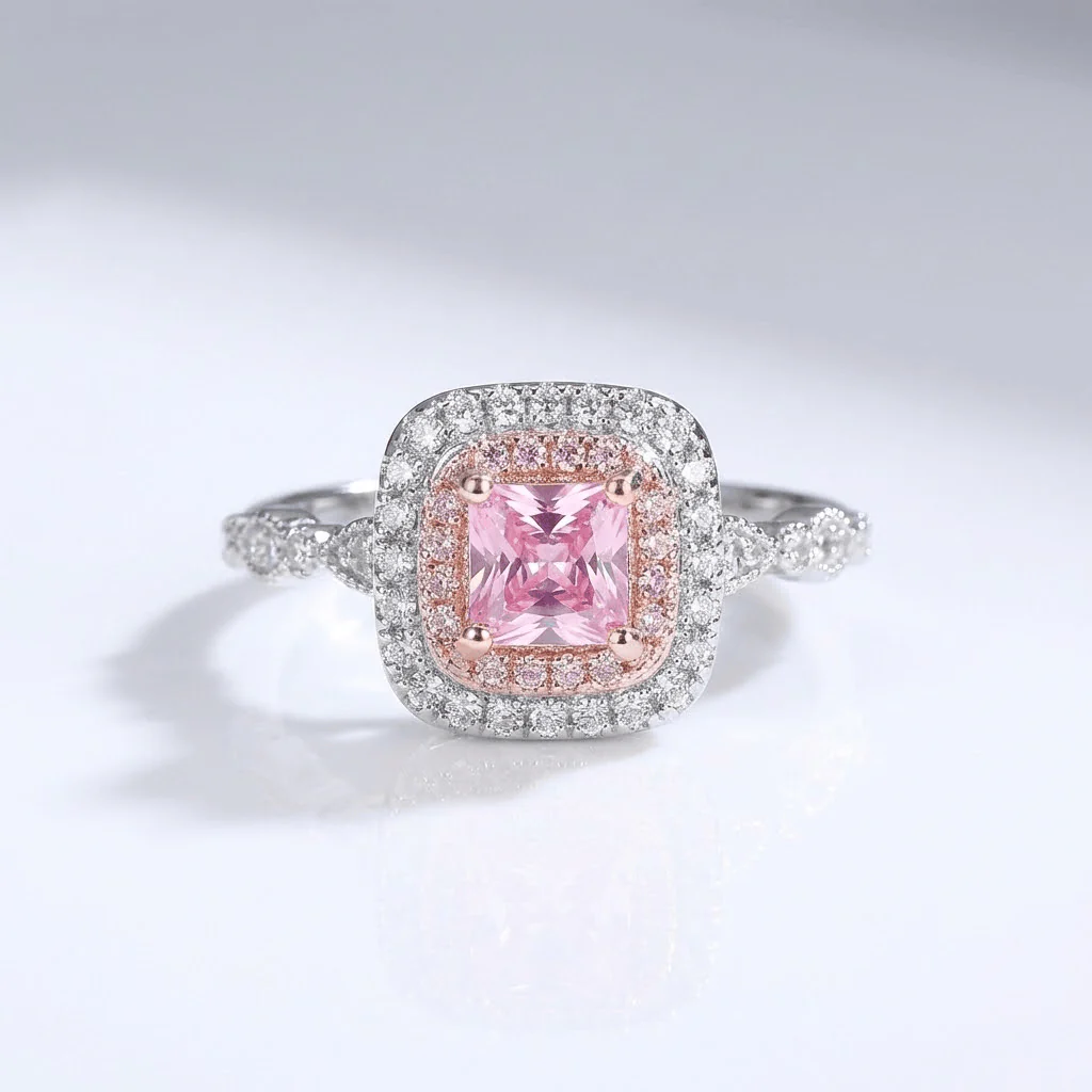 PINK CUSHION ZIRCONIA HALO RING