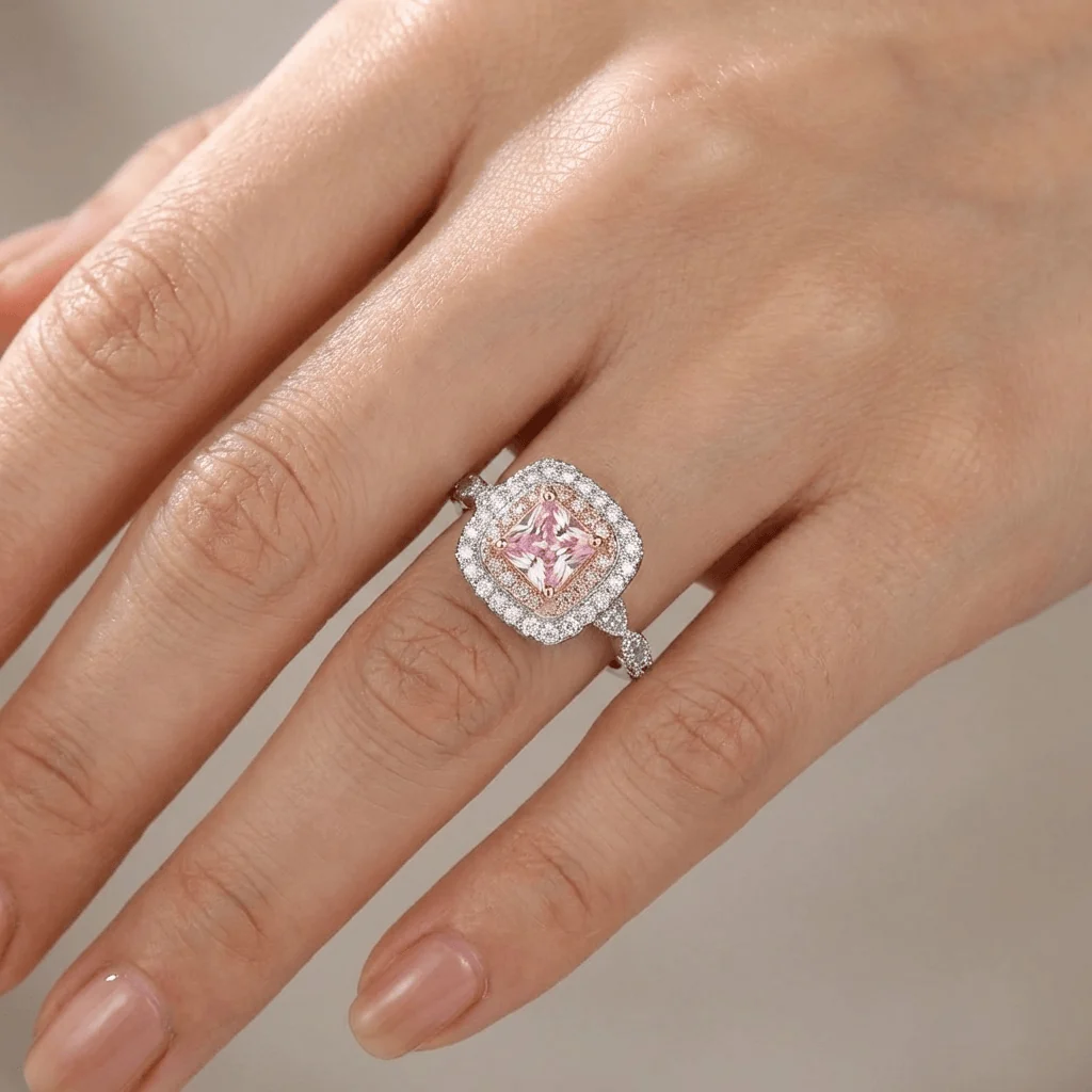 PINK CUSHION ZIRCONIA HALO RING - Image 2