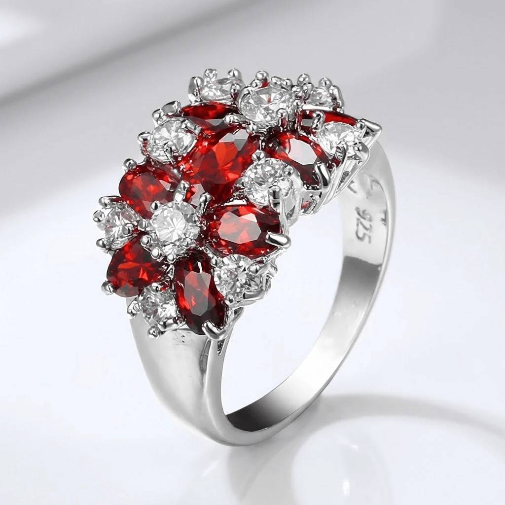 RED GARNET CLUSTER SILVER FLOWER RING