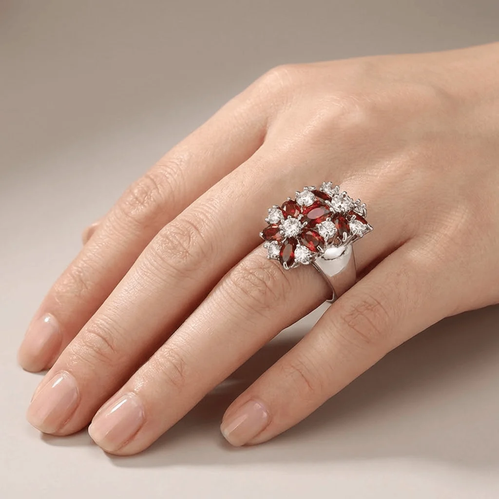 RED GARNET CLUSTER SILVER FLOWER RING - Image 3