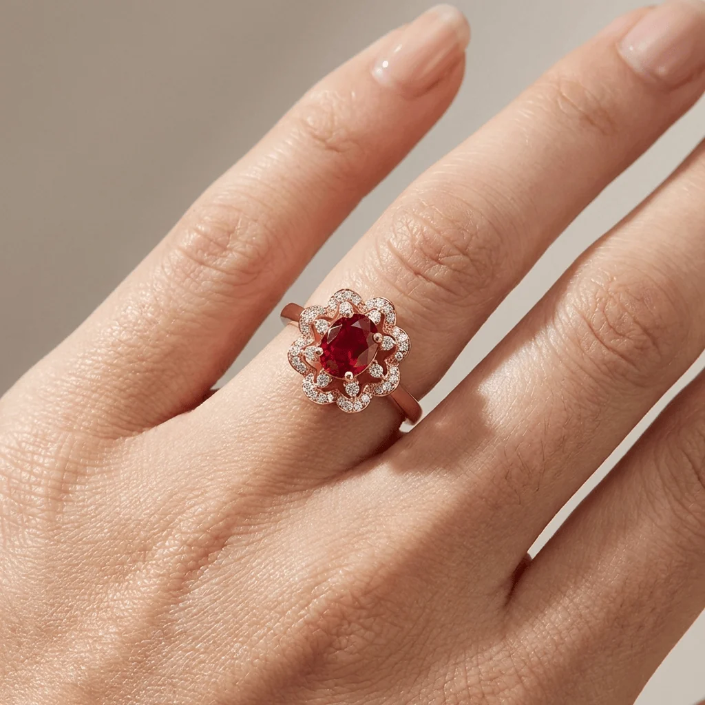 RED RUBY ROSE GOLD HALO RING - Image 2